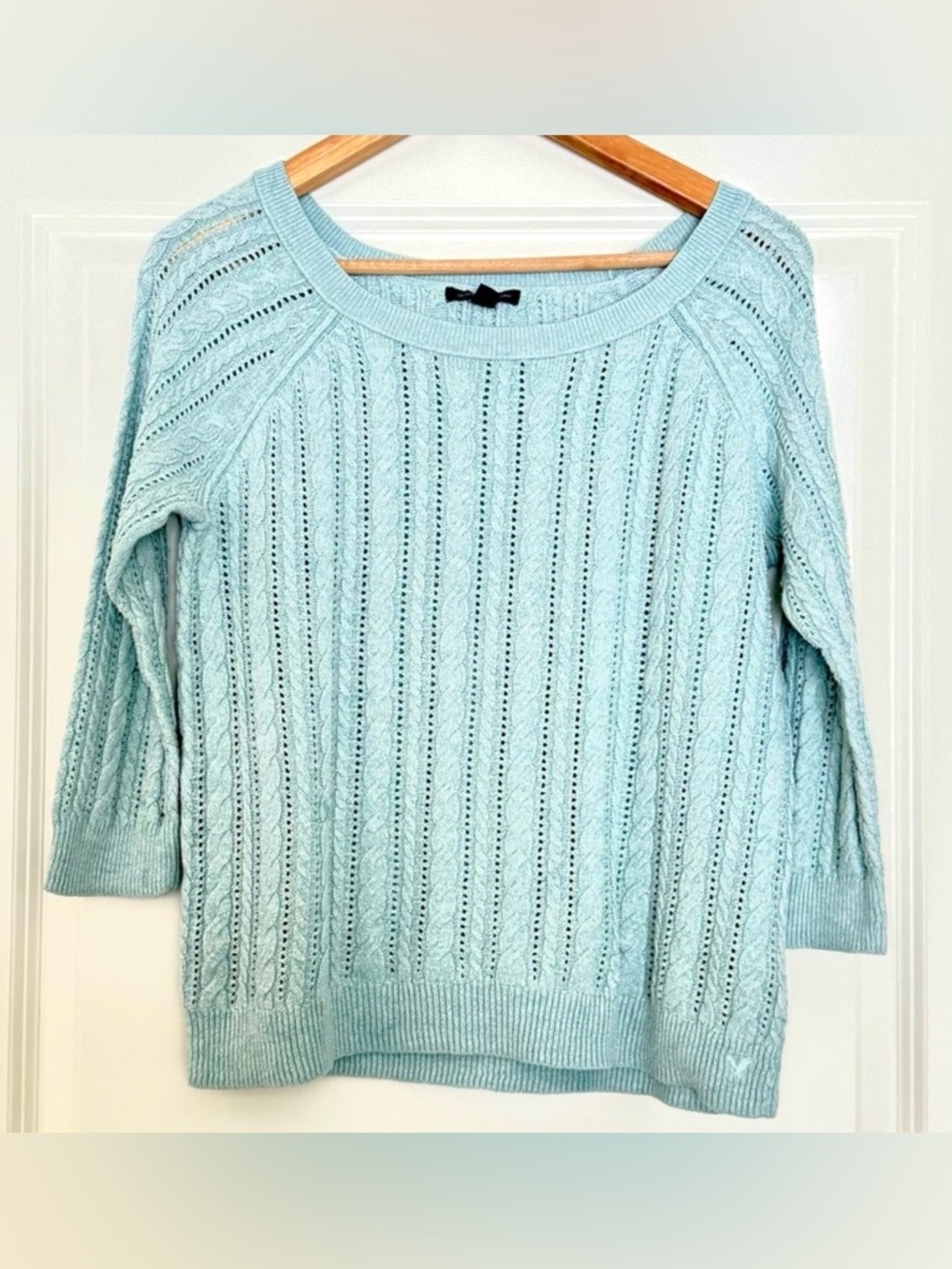 American Eagle Light Mint Open-Knit Cable Sweater, 3/4 Sleeve Pullover